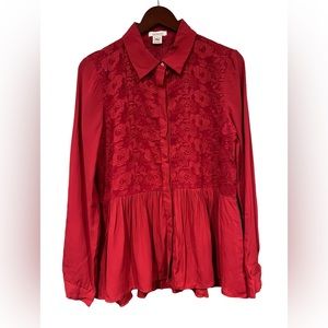 Sundance Medium Red Long Sleeved Button Down Collar Floral Ruffle Blouse
